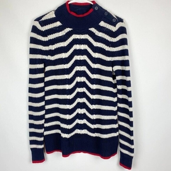 Loft Sweater Womens Small Blue White Striped Pullover Knit Sweater Casual - Picture 2 of 10